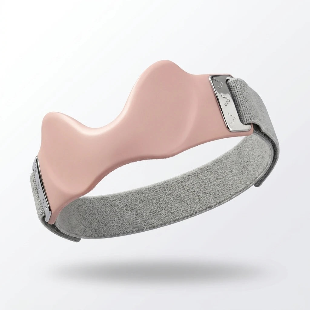 Sangle de genou coloris rose, coque rigide et bande élastique grise, boucles métal