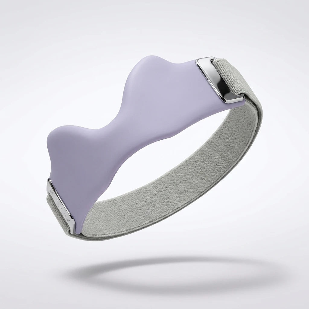 Sangle de genou coloris violet, coque rigide et bande élastique grise, boucles métal